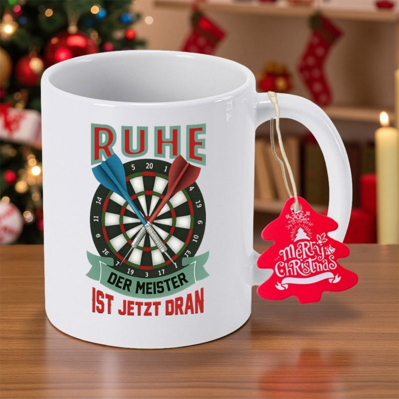 Tailorly White Ceramic 11 oz Mug - Merry Christmas Colorful Dartboard With Blue And Red Darts Hitting The Bullseye Dartboard