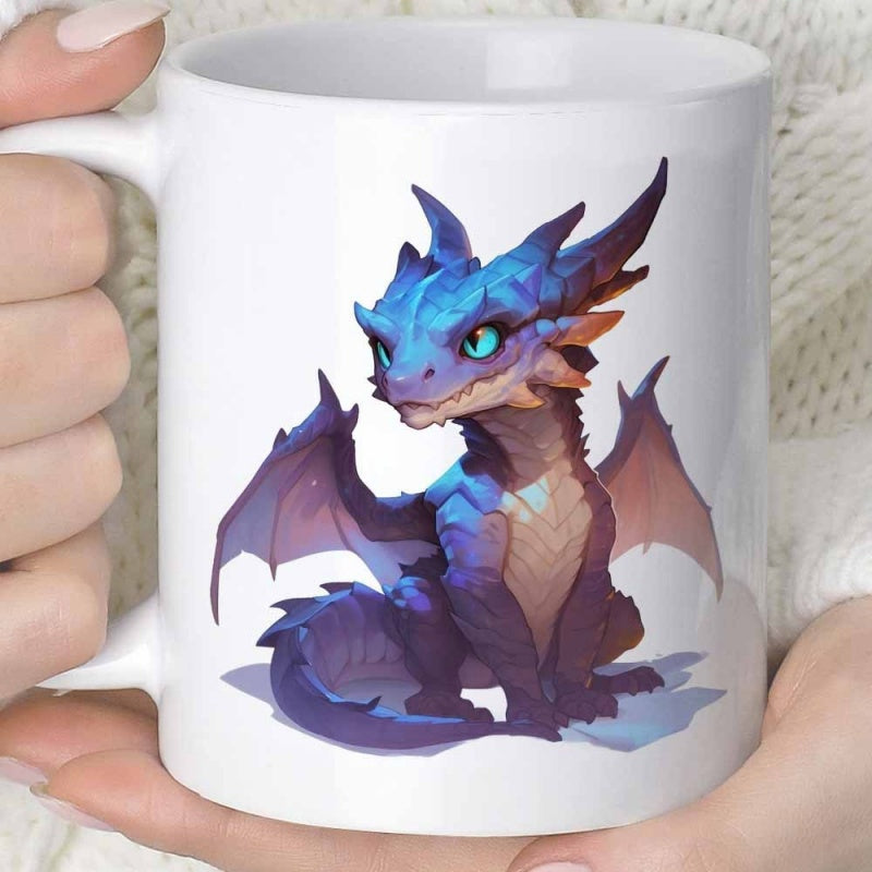 Tailorly White Ceramic 11 oz Mug - Adorable Little Mythical Creature With Purple Scales And Majestic Small Wings Dragon