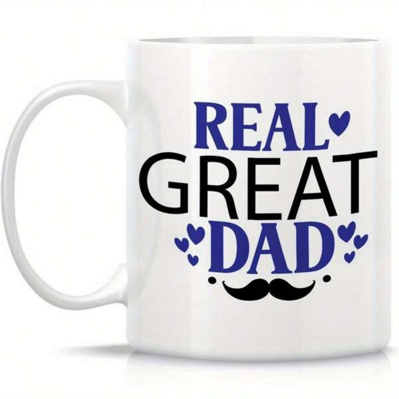Tailorly White Ceramic 11 oz Mug - Real Great Dad Simple Bold Typography Featuring Blue Hearts And A Classic Black Mustache Design