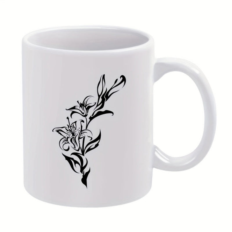 Tailorly White Ceramic 11 oz Mug - Elegant Black Minimalist Tribal Floral Silhouette Blooming On Pure Surface Lily