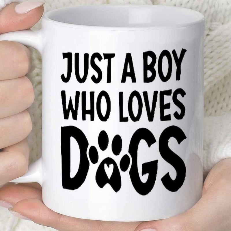 Tailorly White Ceramic 11 oz Mug - Just A Boy Who Loves Dogs Minimalist Hand Drawn Dog Paw Print With Heart Silhouette Mug