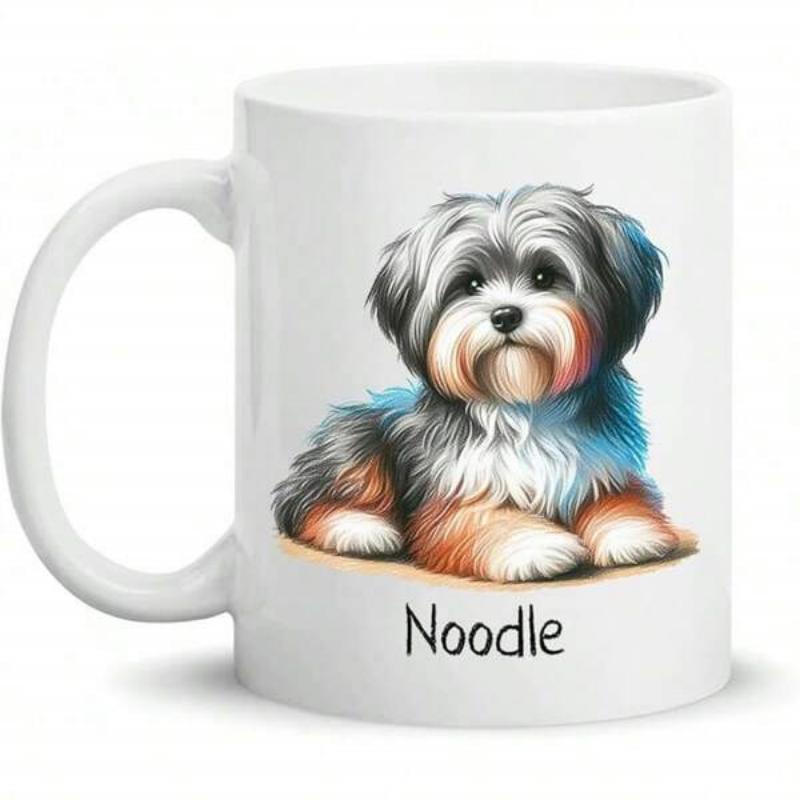 Tailorly White Ceramic 11 oz Mug - Noodle Adorable Fluffy Long Haired Puppy Relaxing On White Surface Dog