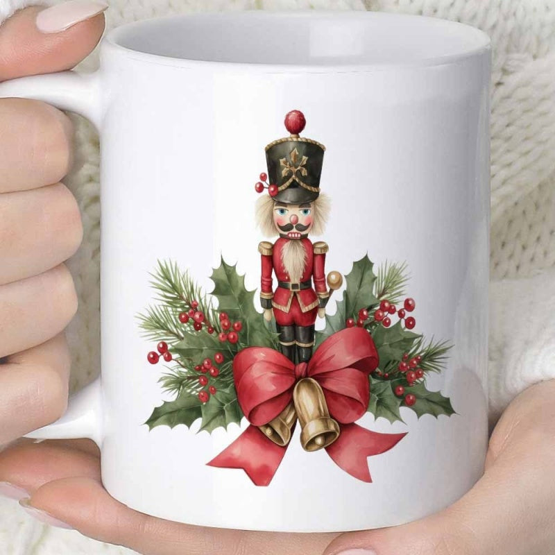Tailorly White Ceramic 11 oz Mug - Classic Holiday Soldier Standing Among Festive Green Leaves And Red Berries Nutcracker