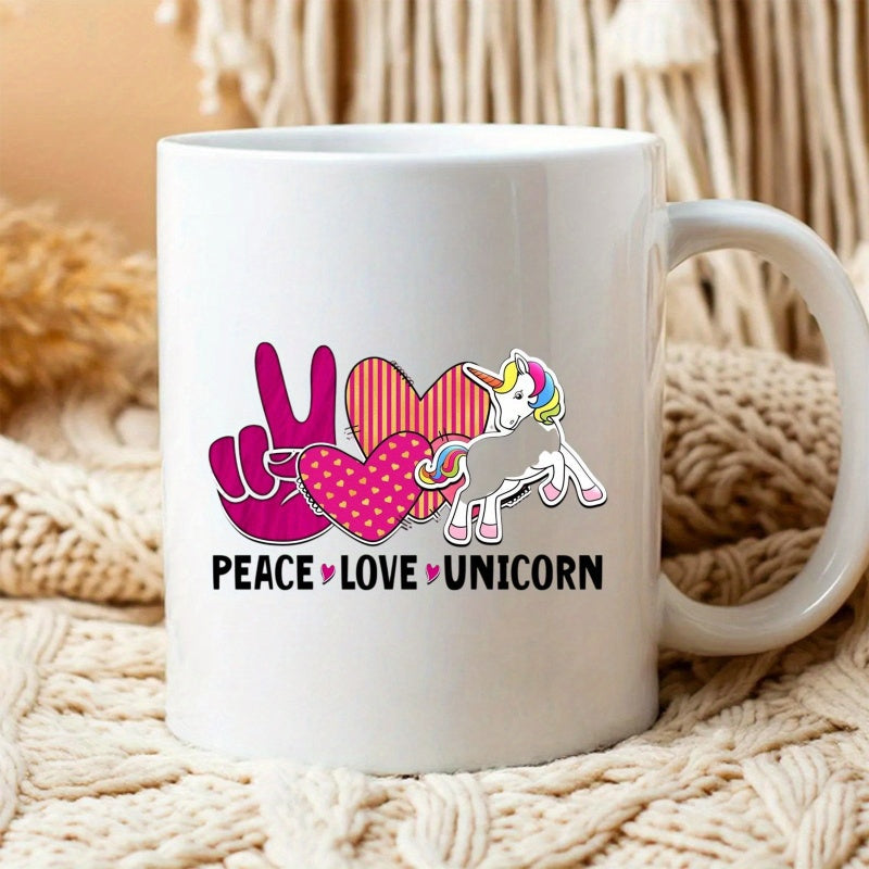 Tailorly White Ceramic 11 oz Mug - Peace Love Unicorn Colorful Cartoon Featuring Hearts And A Peace Sign Unicorn