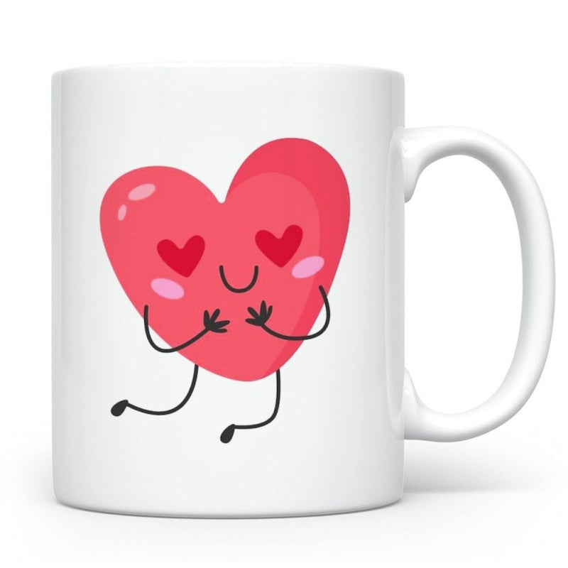 Tailorly White Ceramic 11 oz Mug - Cute Pink Heart Character With Heart Eyes And Tiny Black Limbs Heart