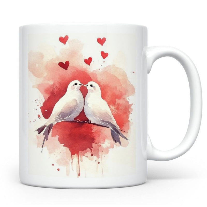 Tailorly White Ceramic 11 oz Mug - Beautiful Artistic Watercolor Red Hearts Splatter Featuring Two Gentle White Dove