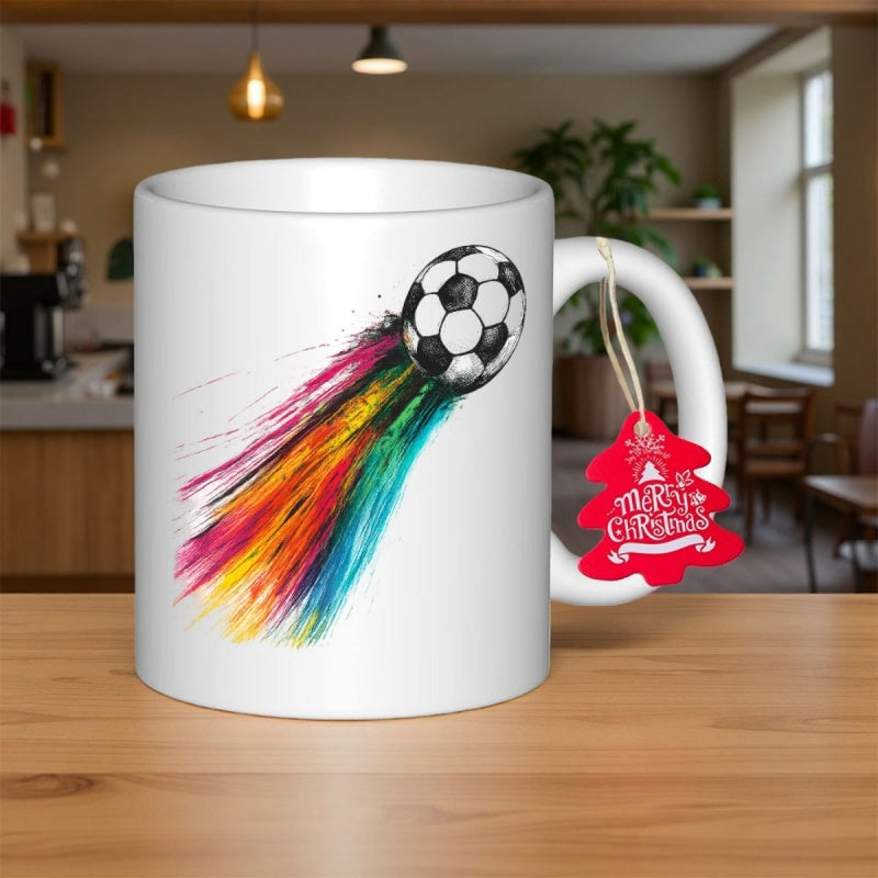 Tailorly White Ceramic 11 oz Mug - Merry Christmas Vibrant Rainbow Watercolor Paint Trailing Behind A Fast Moving Athletic Soccer Ball