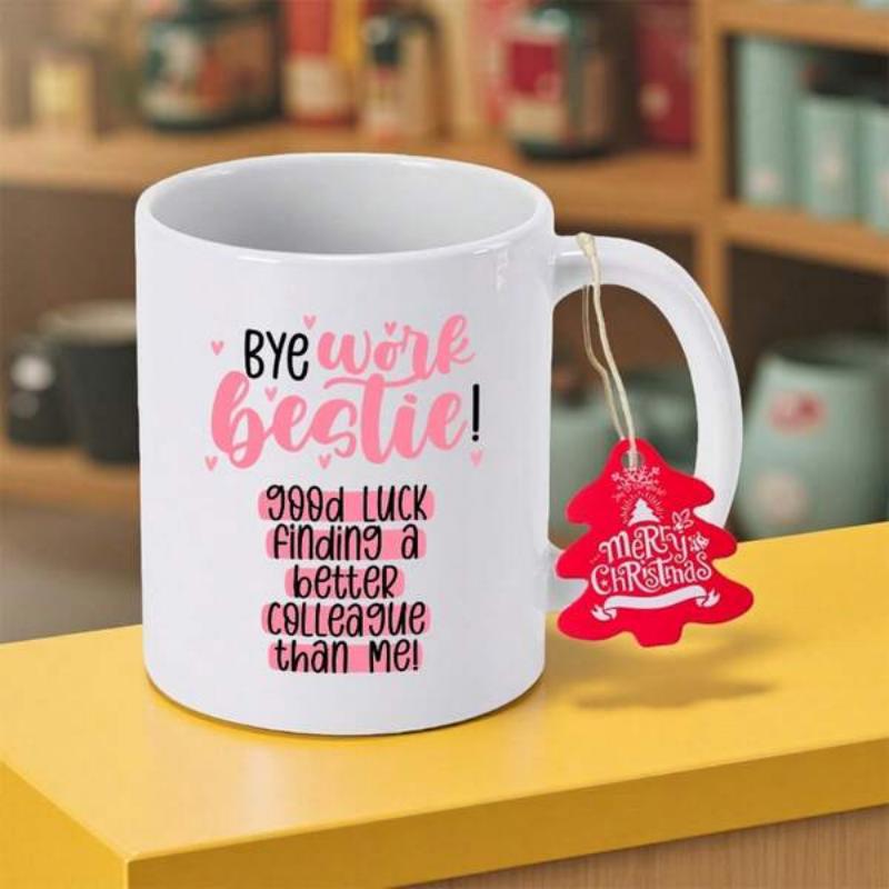 Tailorly White Ceramic 11 oz Mug - Bye Work Bestie Good Luck Finding A Better Colleague Than Me Minimalist White Ceramic With Elegant Pink Script And Bold Block