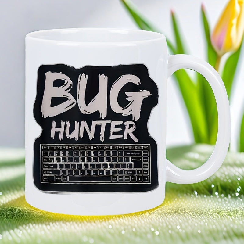 Tailorly White Ceramic 11 oz Mug - Bug Hunter Distressed Artistic Lettering Above A Detailed Tech Schematic Layout Keyboard