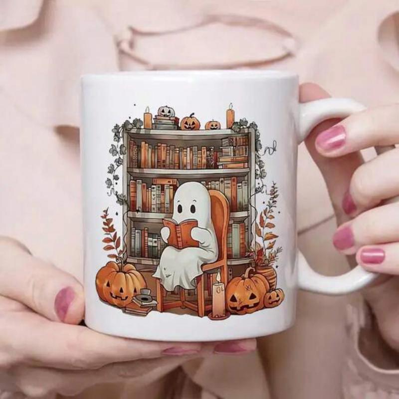 Tailorly White Ceramic 11 oz Mug - Whimsical Little Ghost Reading Books Among Cozy Autumn Harvest Pumpkins Ghost