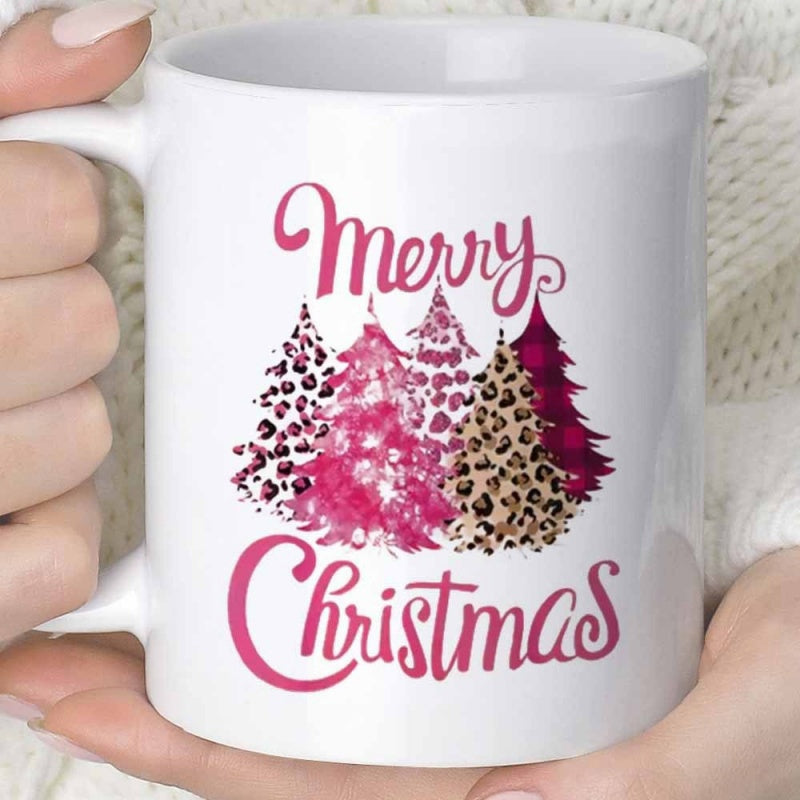 Tailorly White Ceramic 11 oz Mug - Merry Christmas Pink Leopard Print Patterns On Festive Trees With Sparkling Textures Tree
