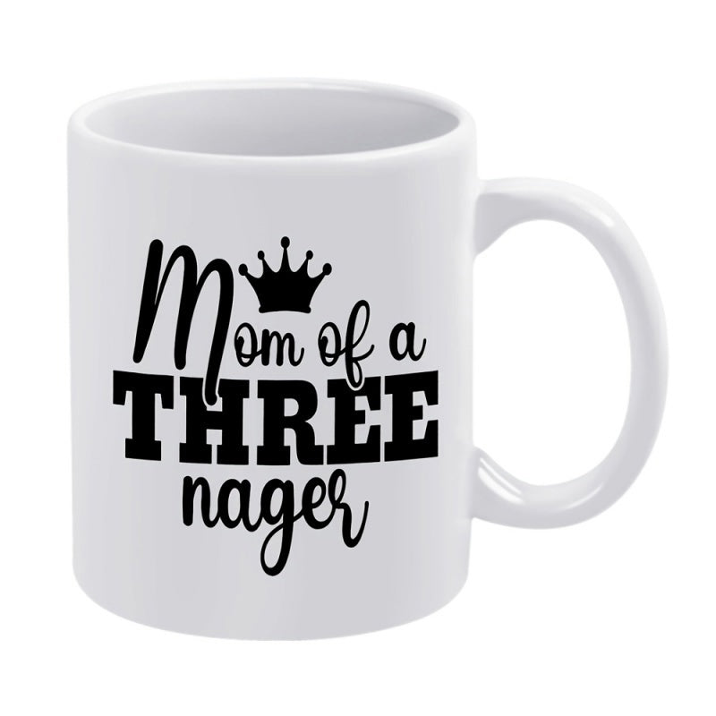 Tailorly White Ceramic 11 oz Mug - Mom Of A Threenager Elegant Small Black Silhouette Pattern Floating Above Script Lettering Crown