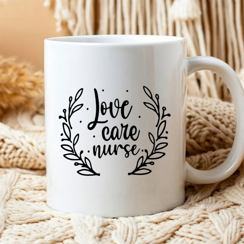 Tailorly White Ceramic 11 oz Mug - Love Care Nurse Elegant Hand Drawn Botanical Leaf Branches In Symmetrical Semicircle Wreath