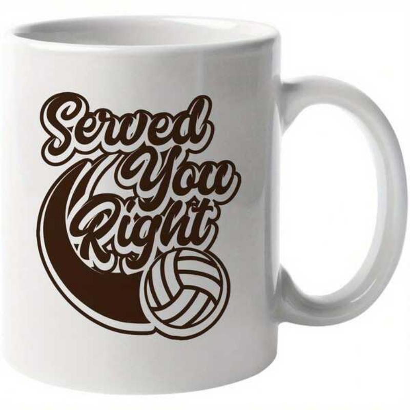 Tailorly White Ceramic 11 oz Mug - Served You Right Retro Bold Script Nestled Within A Classic Outlined Sporty Volleyball