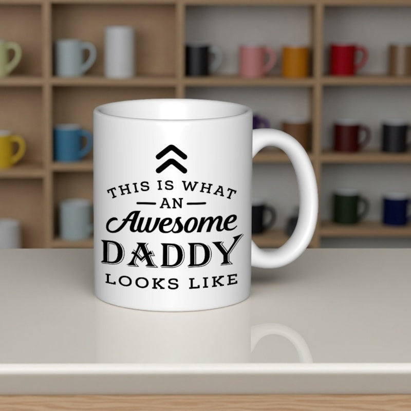 Tailorly White Ceramic 11 oz Mug - This Is What An Awesome Daddy Looks Like Minimalist Symmetrical Geometric Chevron Arrows Above Bold Decorative Typography
