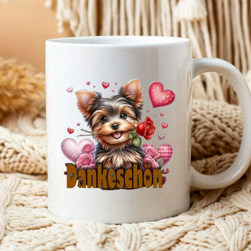 Tailorly White Ceramic 11 oz Mug - Adorable Puppy Surrounded By Pink Hearts And A Red Rose Yorkshire Terrier