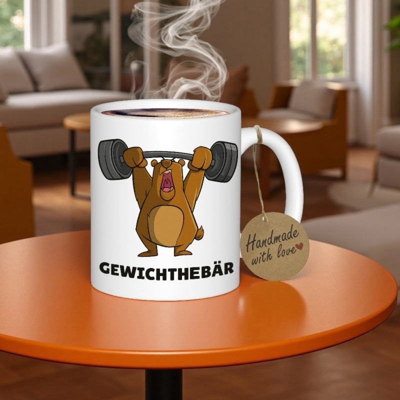 Tailorly White Ceramic 11 oz Mug - Strong Brown Cartoon Animal Lifting Heavy Weighted Barbell Gym Bear
