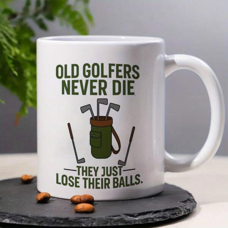 Tailorly White Ceramic 11 oz Mug - Old Golfers Never Die They Just Lose Their Balls Vintage Green Sports Bag With Standing Clubs And Gear Golf Bag