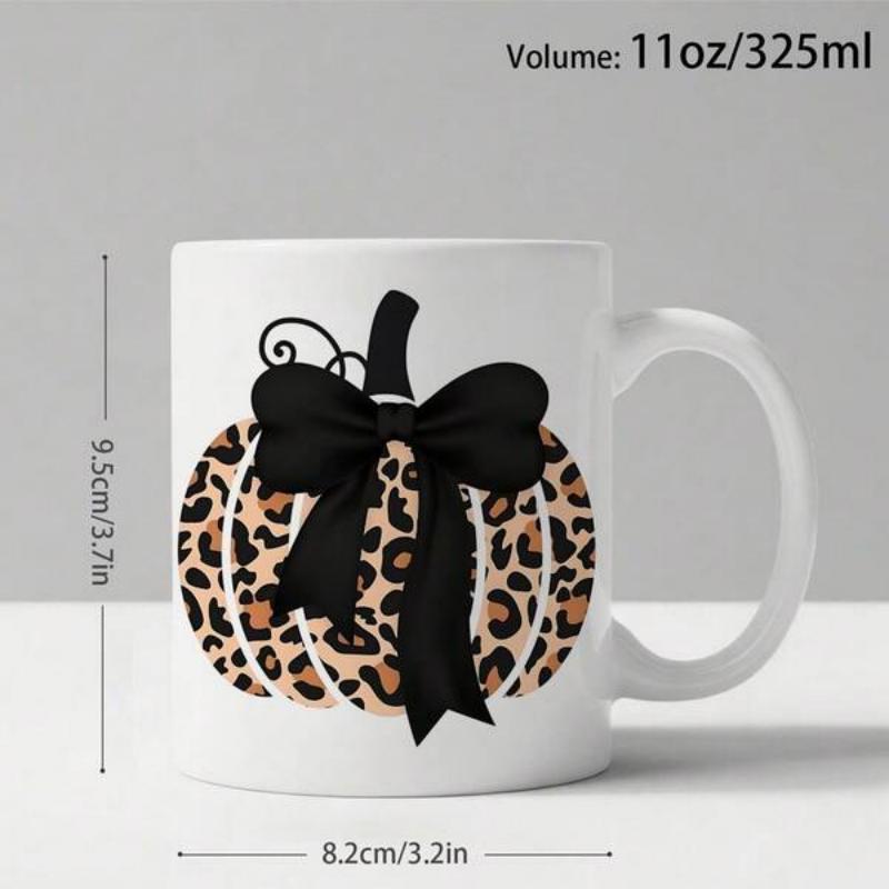 Tailorly White Ceramic 11 oz Mug - Stylish Leopard Print Pattern Featuring An Elegant Black Ribbon Pumpkin