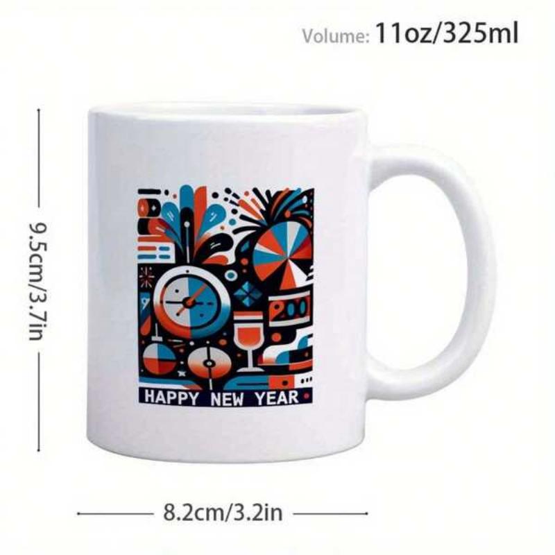 Tailorly White Ceramic 11 oz Mug - Happy New Year Abstract Geometric Celebration Pattern Featuring Festive Clock And Glowing Fireworks Mug