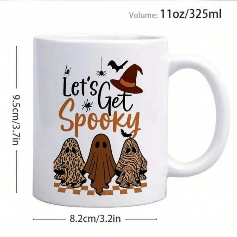 Tailorly White Ceramic 11 oz Mug - Lets Get Spooky Three Cute Patterned Halloween Ghosts Wearing A Pointed Brown Witch Hat Ghost