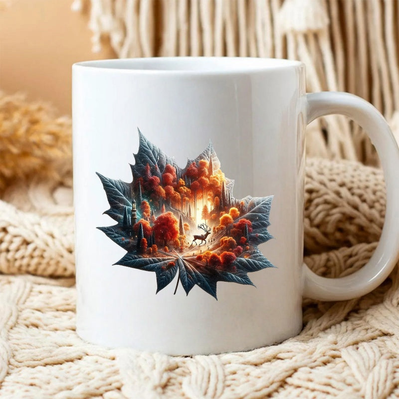 Tailorly White Ceramic 11 oz Mug - Vibrant Autumn Forest Scene With Majestic Deer Resting Inside Intricate Maple Leaf