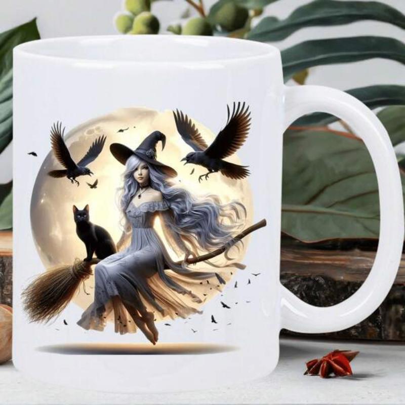 Tailorly White Ceramic 11 oz Mug - Mysterious Fantasy Girl Flying On Broomstick Under Full Moon With Crows Witch