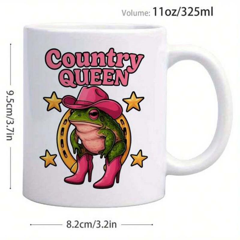 Tailorly White Ceramic 11 oz Mug - Country Queen Charming Green Frog Wearing Pink Cowboy Hat And Stylish Boots Among Golden Stars Frog