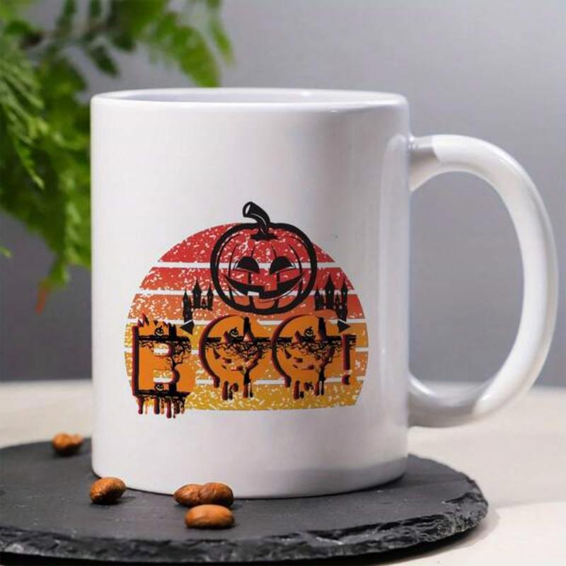 Tailorly White Ceramic 11 oz Mug - Boo Distressed Retro Sunset Stripes With Spooky Carved Jack O Lantern Pumpkins