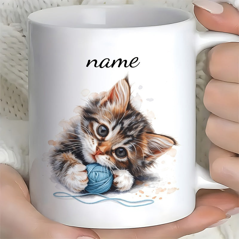 Tailorly White Ceramic 11 oz Mug - Name Adorable Fluffy Tabby Kitten Playing With Blue Ball Of Yarn Kitten