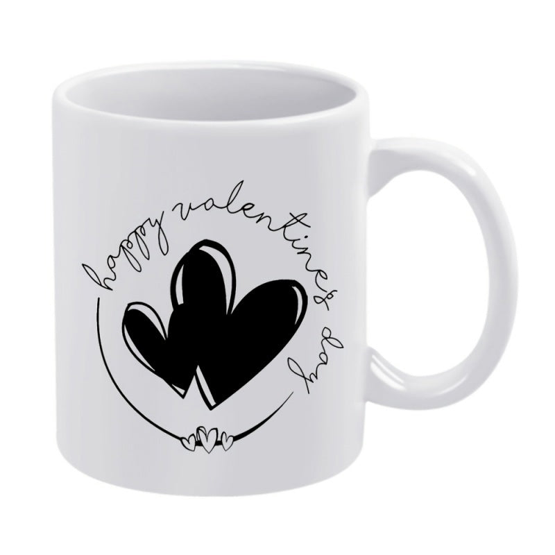 Tailorly White Ceramic 11 oz Mug - Happy Valentine's Day Elegant Hand Drawn Script Surrounding Two Minimalist Solid Black Heart