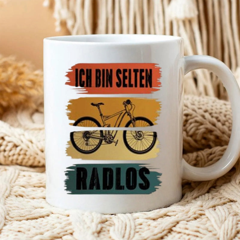 Tailorly White Ceramic 11 oz Mug - Vintage Style Retro Sunset Stripes Background Featuring A Mountain Bicycle