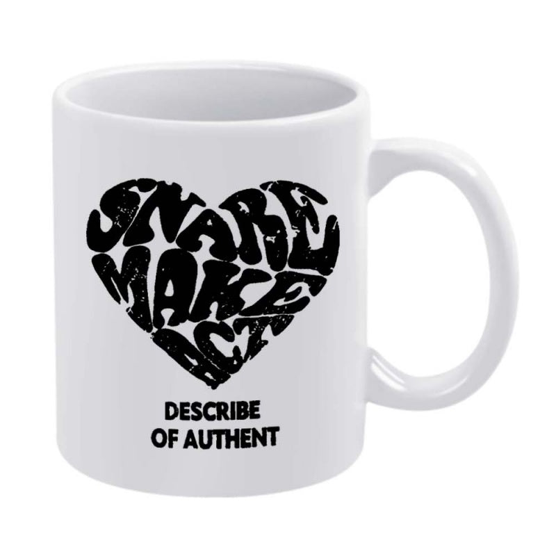 Tailorly White Ceramic 11 oz Mug - Describe Of Authent Distorted Artistic Black Letters Forming A Large Symbolic Textured Romantic Heart