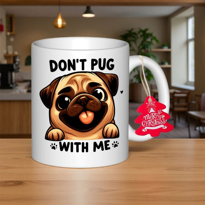 Tailorly White Ceramic 11 oz Mug - Dont Pug With Me Adorable Cartoon Dog Smiling With Tongue Out Among Tiny Paw Prints Pug