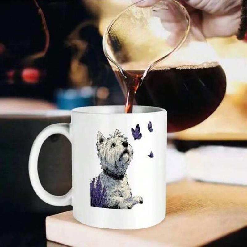 Tailorly White Ceramic 11 oz Mug - Cute White Terrier Looking Up Towards Fluttering Purple Butterflies Sitting Dog