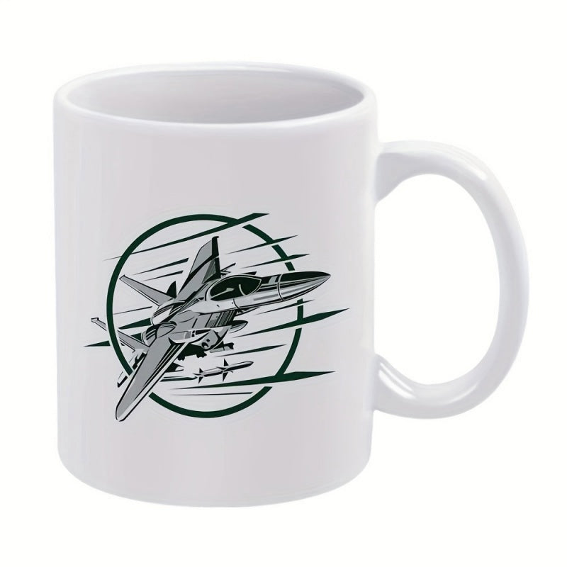 Tailorly White Ceramic 11 oz Mug - Sleek Supersonic Aircraft Soaring With Motion Lines Inside Circular Frame Fighter Jet