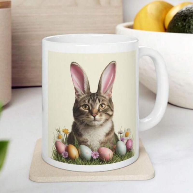 Tailorly White Ceramic 11 oz Mug - Adorable Tabby Cat Wearing Long Pink Bunny Ears Among Colorful Eggs Cat