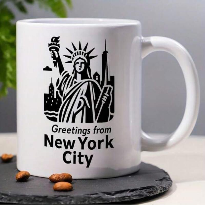Tailorly White Ceramic 11 oz Mug - Greetings From New York City Classic Monochrome Statue Of Liberty Standing Proudly Before City Skyline