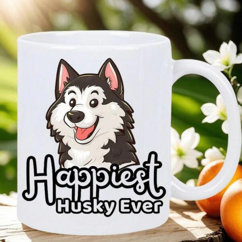 Tailorly White Ceramic 11 oz Mug - Happiest Husky Ever Charming Smiling Cartoon Dog With Joyful Expression And Pointy Ears Husky