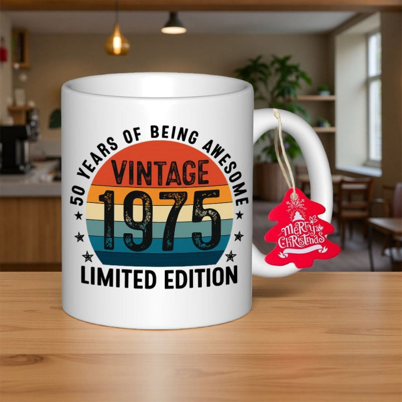 Tailorly White Ceramic 11 oz Mug - 50 Years Of Being Awesome Vintage 1975 Limited Edition Retro Distressed Multi Colored Striped Background With Small Border Stars