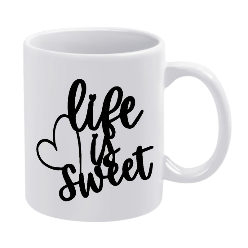 Tailorly White Ceramic 11 oz Mug - Life Is Sweet Minimalist Heart Outline With Handwritten Script Style On Ceramic Surface Mug
