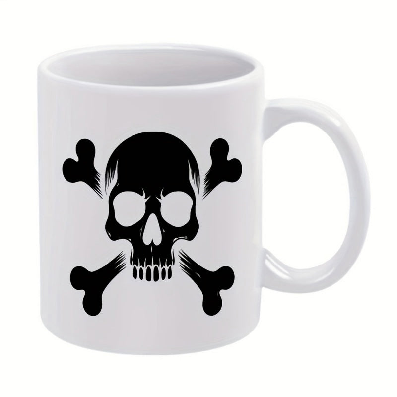Tailorly White Ceramic 11 oz Mug - Dark Silhouette With Crossed Bones And Detailed Hollow Eyes Bold Edges Skull