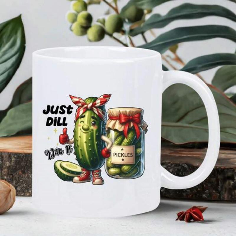 Tailorly White Ceramic 11 oz Mug - Just Dill With It Happy Cartoon Character Wearing Red Headband And Boots Beside Glass Jar Pickle