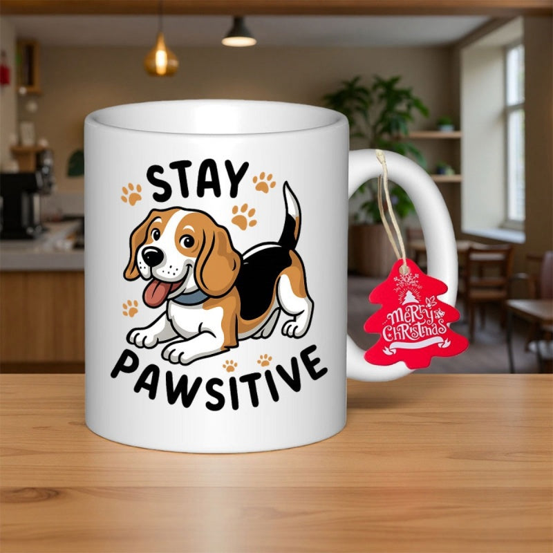 Tailorly White Ceramic 11 oz Mug - Stay Pawsitive Adorable Beagle Puppy Sitting With Friendly Expression And Tiny Paw Prints Beagle
