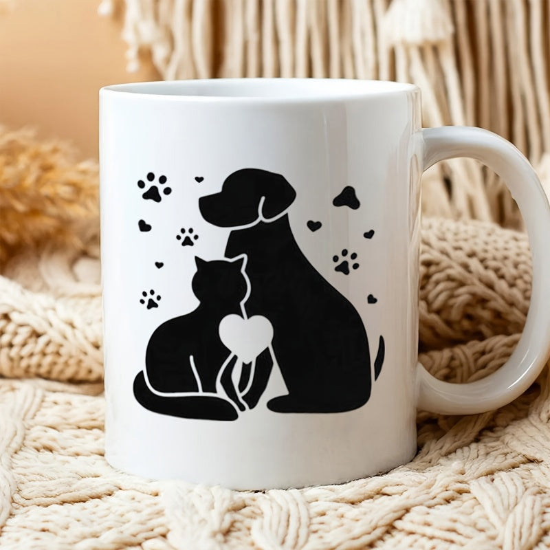 Tailorly White Ceramic 11 oz Mug - Minimalist Black Dog And Cat Sitting Together Surrounded By Hearts Silhouette