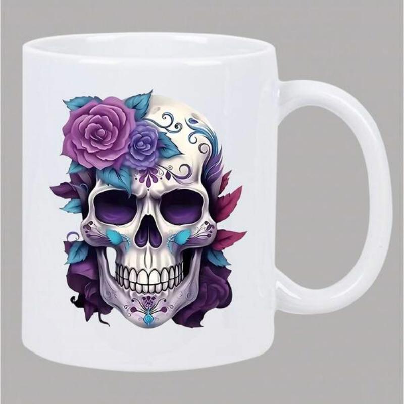 Tailorly White Ceramic 11 oz Mug - Artistic Floral Pattern With Vibrant Purple Roses Adorning A Decorative Skull