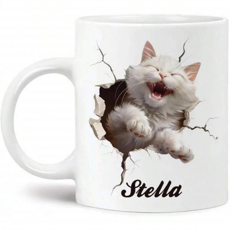 Tailorly White Ceramic 11 oz Mug - Stella Adorable Fluffy White Kitten Bursting Through Realistic Wall Cracks Cat