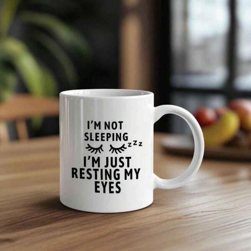 Tailorly White Ceramic 11 oz Mug - I'm Not Sleeping I'm Just Resting My Eyes Minimalist Black Ink Graphic Design Featuring Eyelashes On Smooth