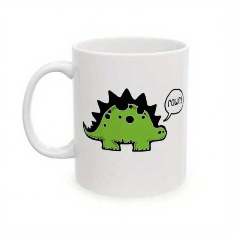 Tailorly White Ceramic 11 oz Mug - Rawr Cute Green Cartoon Stegosaurus Featuring Black Spikes And A Speech Bubble Dinosaur