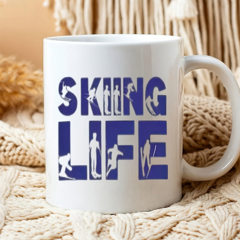 Tailorly White Ceramic 11 oz Mug - Skiing Life Bold Blue Block Letters Featuring Dynamic Action Skier Silhouettes Typography